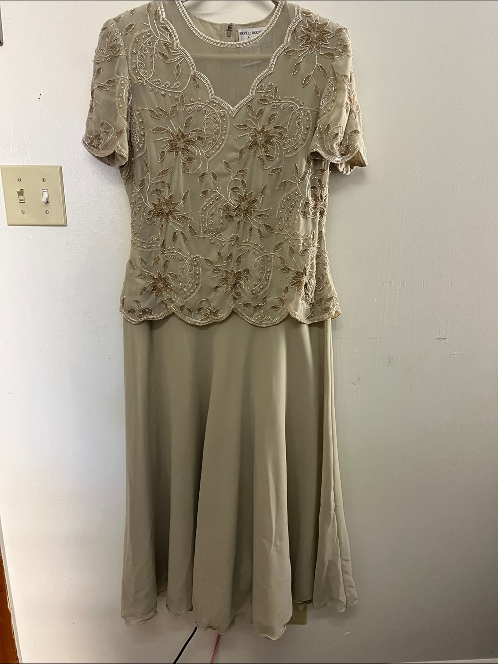 Adrianna Papell Beaded A-Line Dress in Taupe